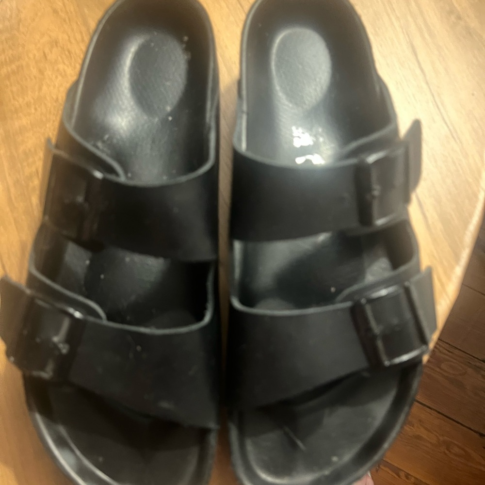 Adult ladies Black Double-Buckle Slide Sandals